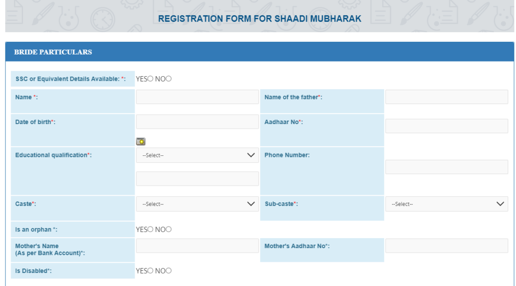 REGISTRATION FORM Of SHAADI MUBHARAK