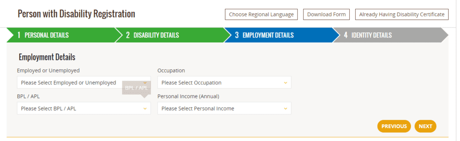 Handicapped UDID Card in Telugu employment details 